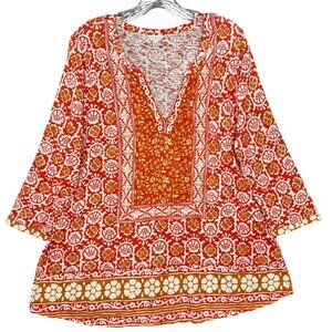 Lucky Brand Womens Plus Size Top Tunic 2X Orange Red V Neck Peasant Boho Light